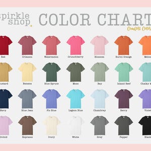 K&ouml;nnte beinhalten: Eine Farbkarte zeigt eine Vielzahl von T-Shirt-Farben, darunter Rot, Blau, Gr&uuml;n und Gelb. Die Karte enth&auml;lt den Text "COLOR CHART" und "Comfort Colors". Die T-Shirts sind in Reihen und Spalten angeordnet und zeigen eine Reihe von Farbt&ouml;nen.