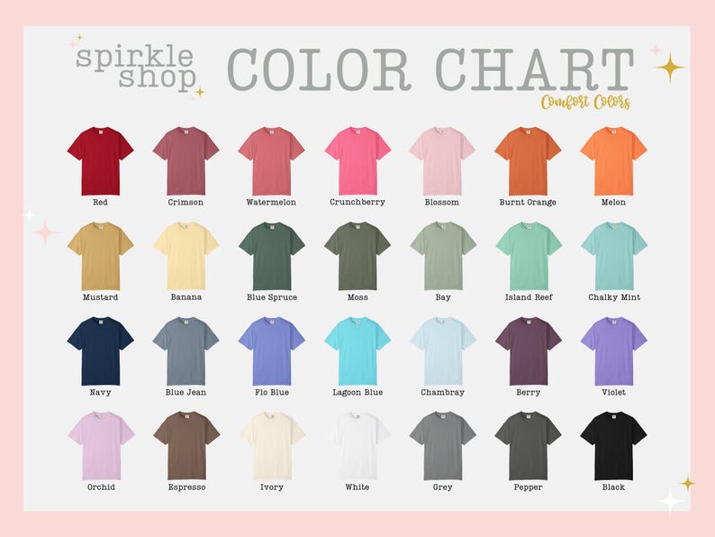K&ouml;nnte beinhalten: Eine Farbkarte zeigt eine Vielzahl von T-Shirt-Farben, darunter Rot, Blau, Gr&uuml;n und Gelb. Die Karte enth&auml;lt den Text "COLOR CHART" und "Comfort Colors". Die T-Shirts sind in Reihen und Spalten angeordnet und zeigen eine Reihe von Farbt&ouml;nen.