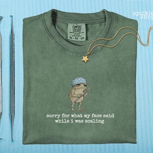 May include: An olive green t-shirt featuring a graphic of a toad wearing a blue surgical cap and holding a dental scaler. The text reads, "sorry for what my face said while i was scaling." A gold star pendant necklace and two metal dental tools are included.