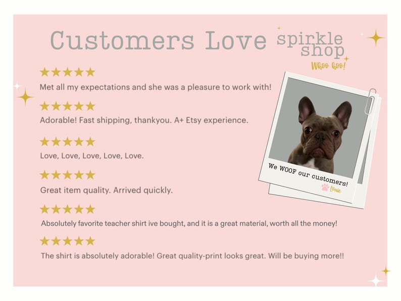 Op de afbeelding: Een lichtroze afbeelding met de tekst Customers Love spirkle shop, vijfsterrenbeoordelingen en een polaroidfoto van een bruine Franse bulldog met de tekst We WOOF our customers! en een klein pootafdruk-icoontje op een lichtroze achtergrond.