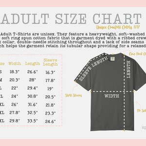 Op de afbeelding: Een maattabel voor volwassenen voor unisex Comfort Colors 1717 t-shirts. De afbeelding toont een tabel met maten S tot 4XL, met breedte, lengte en mouwlengte in inches. Een illustratie van een donkergrijs t-shirt toont de meetlijnen ter referentie.