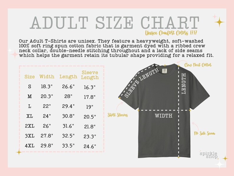 Op de afbeelding: Een maattabel voor volwassenen voor unisex Comfort Colors 1717 t-shirts. De afbeelding toont een tabel met maten S tot 4XL, met breedte, lengte en mouwlengte in inches. Een illustratie van een donkergrijs t-shirt toont de meetlijnen ter referentie.