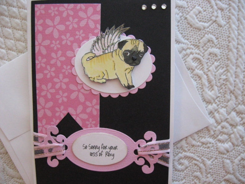 Sympathy It features a darling little Pug with glittery angel wings loss of Pug sympathy card personalize at no extra charge