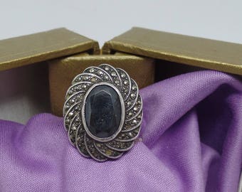 Sterling Silver - Black Onyx and Marcasite Ring- size 6