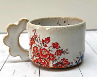 Flower Power Sweet and Small Espresso Cup with Red and 22K Gold