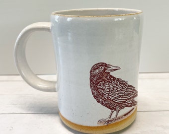 Handmade Raven Stoneware Mug: Hand-Printed Coffee Cup