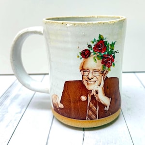 Bernie Sanders Mug, Handmade Vermont Pottery with Vintage Flowers