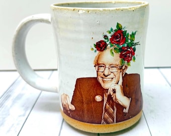 Bernie Sanders Mug, Handmade Vermont Pottery with Vintage Flowers