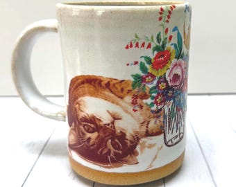 Handmade Cat & Flowers Mug: Bohemian Vermont Art