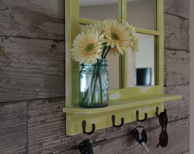 Rustic Country Chic Antique Bronze Key Hook Mirror With Shelf Distressed Lemon Grass Yellow Etsy