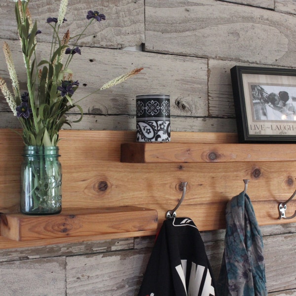 Unique Rustic Entryway Hanging Wall Coat Rack With Floating Shelves - Natural Finish