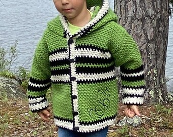 Child Sweater 6 Years Boy Girl Size 7, Bear Sweater, Children Sweater Crochet, Bear Hoodie, Buttoned Jacket Crochet Kids, Green, Bahde