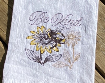 Be Kind Flour Sack Towel, Inspirational Saying Towel Bee, Personalized Cotton Embroidered Dish Towel, Hostess Gift Honey Bees, Bahde