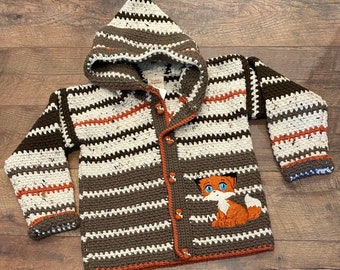 Child Sweater 7 Years Boy Girl Size 8, Crochet Sweater, Fox Sweater Kid, Crochet Hoodie Nature, Buttoned Crochet Jacket Kids, Bahde