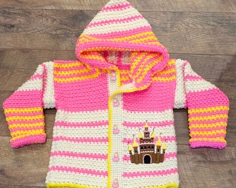 Child Sweater 5 Years Size 6, Crochet Sweater Girl,  Child Sweater Girl, Princess Sweater, Yellow Pink Beige Hooded Sweater,  Bahde