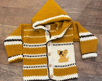 Child Sweater 5 Years Size 6, Crochet Sweater Girl Boy,  Child Sweater Puppy, Dog Sweater, Gold Briwn Beige Hooded Sweater,  Bahde