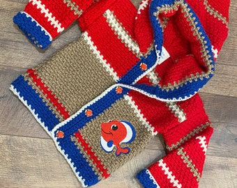 Children's Sweater 2 Years Girl Boy 3T, Toddler Sweater, Fish Sweater, Red & Blue Hooded Jacket, Designer Sweater Crochet, Bahde