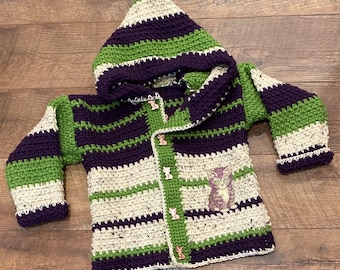 Child Sweater 4 Years Girl Size 5, Crochet Sweater Kitten,  Boy Sweater Kid, Cat Jacket, Hooded Sweater Green, Handmade Sweater, Bahde