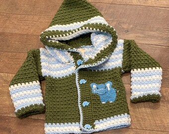 Crochet Sweater Baby Girl 9-12 months, Hooded Jacket Baby, Elephant Baby Boy Gift Handmade, Designer Sweater, Jungle Sweater, Bahde