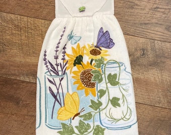 Stove Towel, Flower Butterfly Kitchen Hand Towel, Buttoned Garden Finger Tip Towel, KitchenTowel,  Bahde