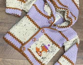 Children's Sweater 2 Years Girl Boy 3T, Toddler Sweater, Fox Sweater, Beige & Purple Hooded Jacket, Designer Sweater Crochet, Bahde