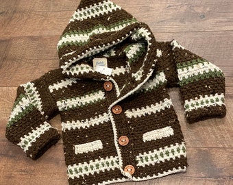 Toddler Sweater 1 Year 2T, Brown Beaver Sweater Boy Girl, Child Sweater Pockets Buttons, Crochet Hoodie Child, Wildlife Sweater Kid, Bahde