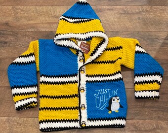 Child Sweater 7 Years Boy Girl Size 8, Crochet Sweater, Penguin Sweater Kid, Crochet Hoodie Nature, Buttoned Crochet Jacket Kids, Bahde