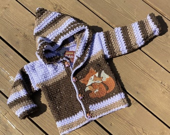 Fox Sweater 2 Years Girl Boy Child 3T, Crochet Sweater, Toddler Sweater Hood, Kid's Buttoned Jacket Purple, Brown Sweater Fall, Bahde