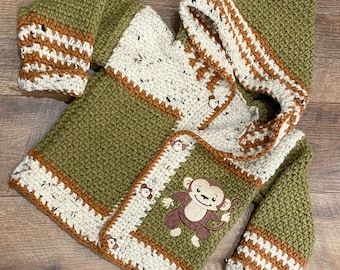 Children's Sweater 2 Years Girl Boy 3T, Toddler Sweater, Monkey Sweater, Beige & Green Hooded Jacket, Designer Sweater Crochet, Bahde