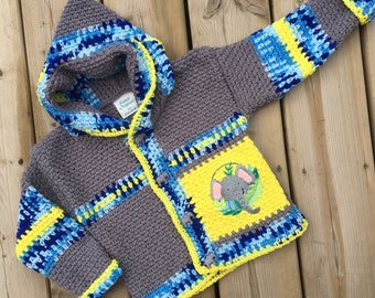 Children's Sweater 2 Years Girl Boy 3T, Toddler Sweater, Elephant Sweater, Gray & Yellow Hooded Jacket, Designer Sweater Crochet, Bahde