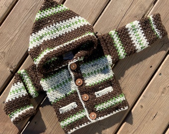 Baby Sweater 6 to 9 month Crochet Hoodie Beaver Sweater Boy Girl Shower Gift Jacket Crochet Luxury Designer Baby Gift Wildlife Poccket Bahde