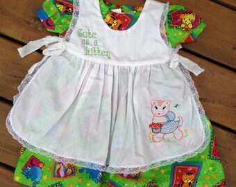 Child Dress Kittens, Dress 2T, Year Old, Girl's Pinafore Dress, Fancy Party Dress Toddler, Vintage Style Apron Dress, Green Cat Dress, Bahde