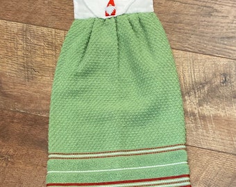 Stove Towel, Green & Red Gnome Kitchen Hand Towel, Buttoned Finger Tip Towel, KitchenTowel,  Bahde