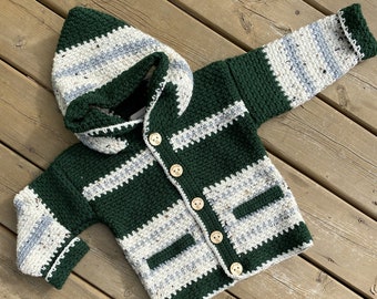 Children's Sweater 4 Years Boy Girl Size 5, Crochet Sweater, Green & Gray Hooded Sweater Fox, Kid Sweater Wildlife, Crochet Jacket, Bahde