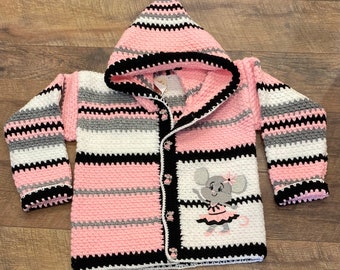 Child Sweater 7 Years Girl Size 8, Crochet Sweater, Pink Mouse Sweater Kid, Crochet Hoodie Nature, Buttoned Crochet Jacket Kids, Bahde