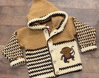 Child Sweater 4 Years Boy Girl Size 5 Crochet Sweater. Hood Monkey Cardigan Kid Jacket Kid Brown Handmade Knit Designer Bahde