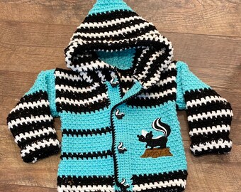 Children's Sweater 2 Years Girl Boy 3T, Toddler Sweater, Skunk Sweater, Blue & Black Hooded Jacket, Designer Sweater Crochet, Bahde