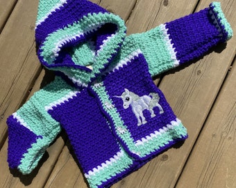 Baby Sweater 6 - 9 months, Unicorn Sweater Girl, Crochet Baby Jacket Hooded, Handmade Sweater Baby, Luxury Baby Girl Gift, Handmade, Bahde