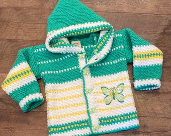 Child Sweater 5 Years Size 6, Crochet Sweater Girl,  Child Sweater Girl, Butterfly Sweater, Yellow Green White Hooded Sweater,  Bahde