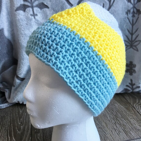blue and yellow beanie hat