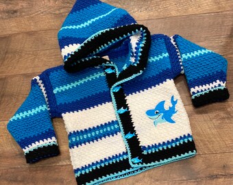 Child Sweater 4 Years Boy Girl Size 5 Crochet Sweater. Hood Shark Cardigan Kid Jacket Kid Blue Handmade Knit Designer Bahde