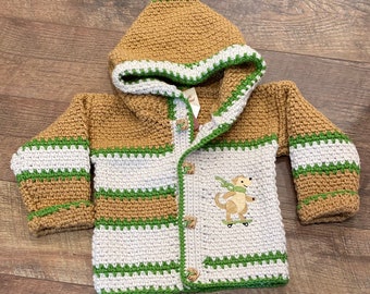 Children's Sweater 2 Years Girl Boy 3T, Toddler Sweater, Puppy Sweater, Beige & Green Hooded Jacket, Designer Sweater Crochet, Bahde