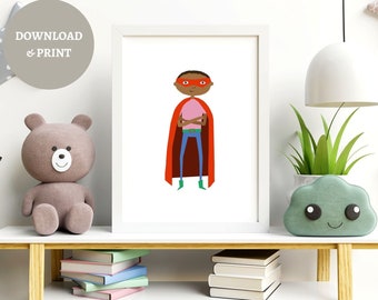 May include: A printable illustration of a superhero wearing a red cape and mask, standing with arms crossed. The superhero has brown skin and is wearing blue jeans and green shoes.