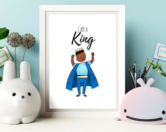 Printable Affirmation Print for Black Boys | I am King| Black Boy Joy | African American Illustration | Boys Room | Afrocentric Wall Art