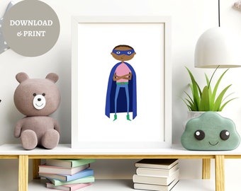 May include: A printable illustration of a superhero wearing a blue cape and mask. The superhero has brown skin and is standing with their arms crossed.