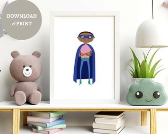 Printable Black Boy Superhero in Blue Cape, Multicultural Superhero Print, African American Illustration, Boys Room