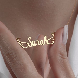 Angel Wings Necklace • Personalized Name Necklace with Wing • Gold Memorial Name Necklace • Little Girl Name Necklace • Guardian Angel Wings