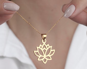 Minimalist Lotus Flower Necklace, Spiritual Yoga Pendant, Dainty Gold Plated Sterling Silver
