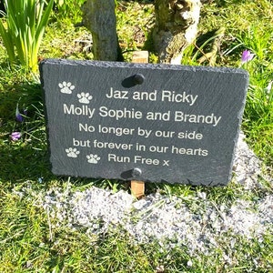 May include: A rectangular slate pet memorial plaque with engraved text and paw prints. The inscription reads "Jaz and Ricky, Molly Sophie and Brandy, No longer by our side but forever in our hearts, Run Free x." The plaque is set in a grassy area.