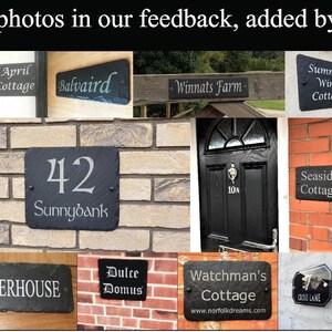 May include: A collage of images showcasing various slate house signs with different names, numbers, and designs. The signs are all black and feature white lettering. Some of the signs include names like "Warner's Summerhouse", "Dulce Domus", and "Watchman's Cottage". Other signs feature numbers like "42" and "38".